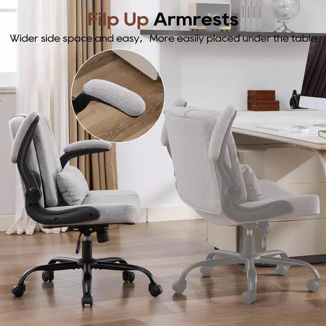 Alt view image 6 of 6 - Criss Cross Chair with Flip Backrest, Desk Chair with Flip Up Arms, Ergonomic Cross Legged Office Chair with Wheels, Adjustable Height Swivel Vanity Chair, Fabric, Grey