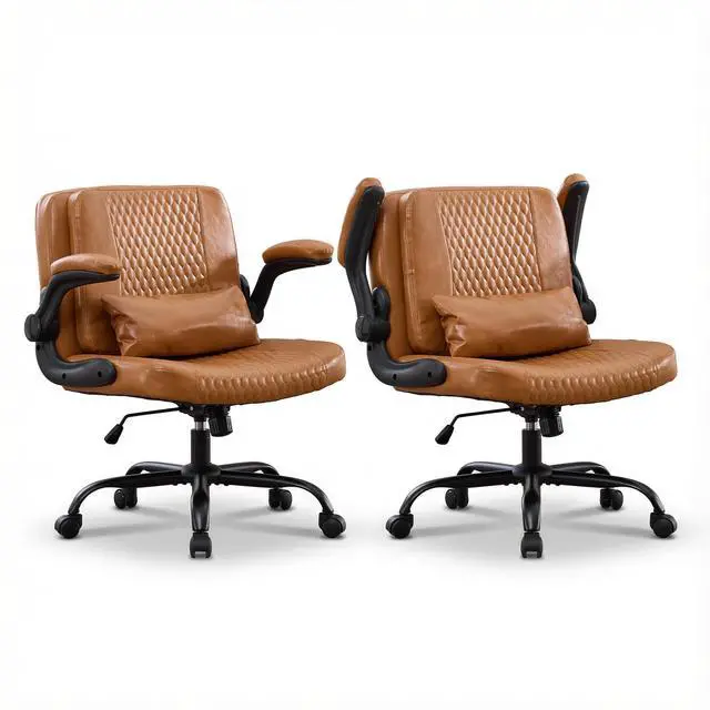 Main image of Criss Cross Chair with Flip Backrest, Desk Chair with Flip Up Arms, Ergonomic Cross Legged Office Chair with Wheels, Adjustable Height Swivel Vanity Chair, PU Leather, 2PCS, Brown