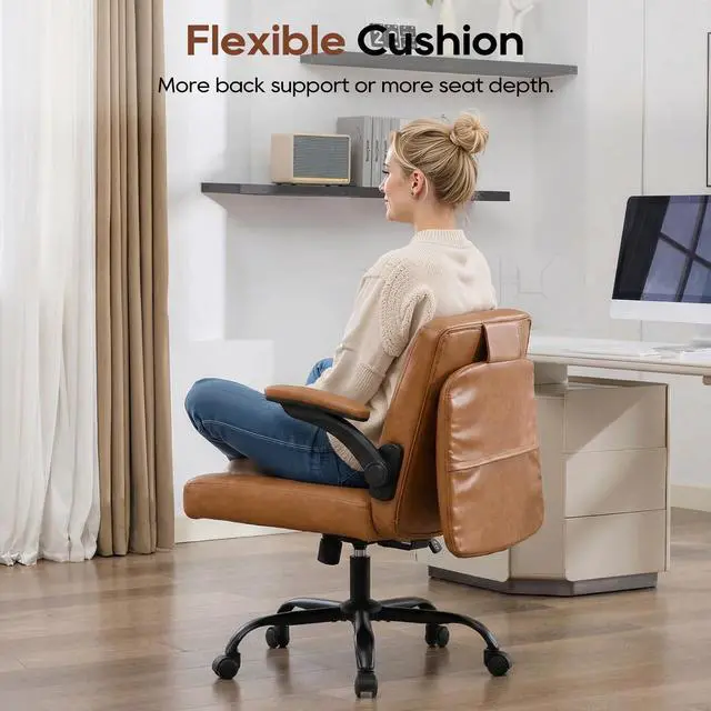 Alt view image 2 of 6 - Criss Cross Chair with Flip Backrest, Desk Chair with Flip Up Arms, Ergonomic Cross Legged Office Chair with Wheels, Adjustable Height Swivel Vanity Chair, PU Leather, 2PCS, Brown