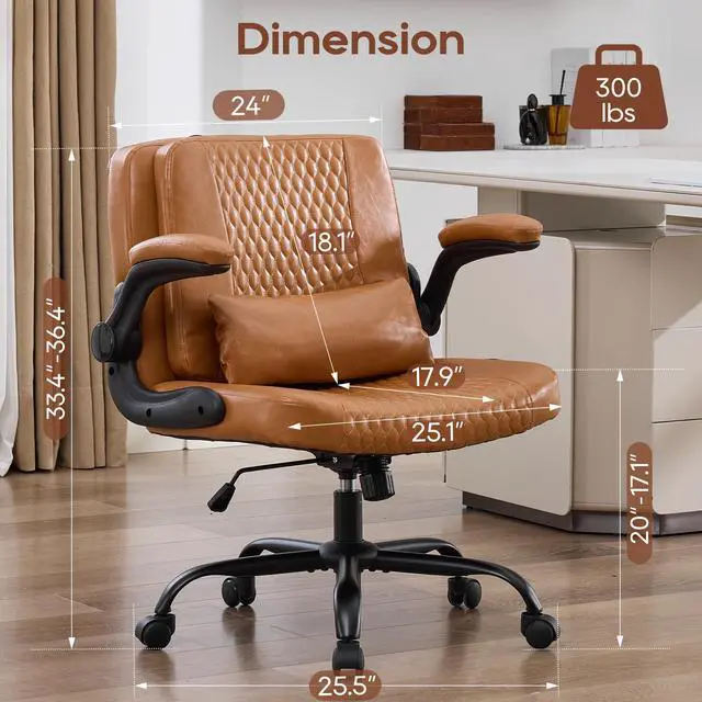 Alt view image 3 of 6 - Criss Cross Chair with Flip Backrest, Desk Chair with Flip Up Arms, Ergonomic Cross Legged Office Chair with Wheels, Adjustable Height Swivel Vanity Chair, PU Leather, 2PCS, Brown