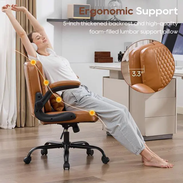 Alt view image 4 of 6 - Criss Cross Chair with Flip Backrest, Desk Chair with Flip Up Arms, Ergonomic Cross Legged Office Chair with Wheels, Adjustable Height Swivel Vanity Chair, PU Leather, 2PCS, Brown