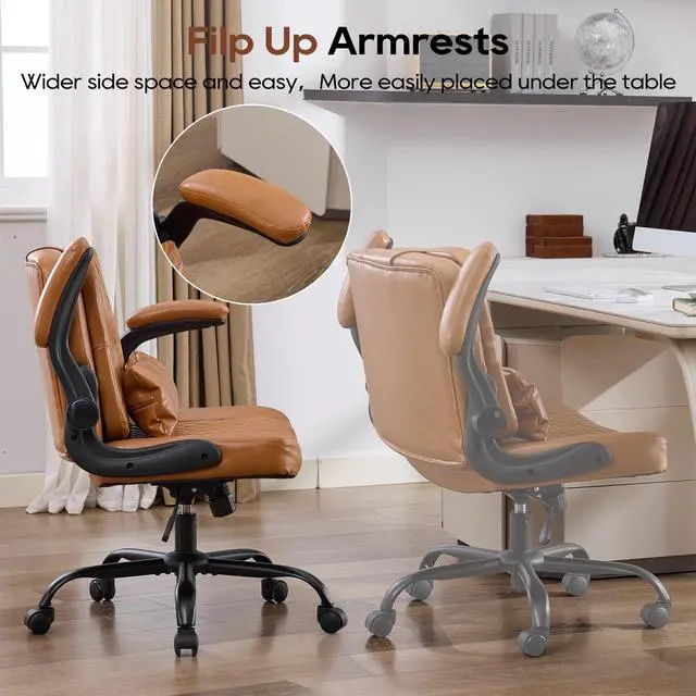 Alt view image 5 of 6 - Criss Cross Chair with Flip Backrest, Desk Chair with Flip Up Arms, Ergonomic Cross Legged Office Chair with Wheels, Adjustable Height Swivel Vanity Chair, PU Leather, 2PCS, Brown