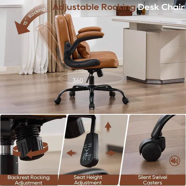 Alt view image 6 of 6 - Criss Cross Chair with Flip Backrest, Desk Chair with Flip Up Arms, Ergonomic Cross Legged Office Chair with Wheels, Adjustable Height Swivel Vanity Chair, PU Leather, 2PCS, Brown