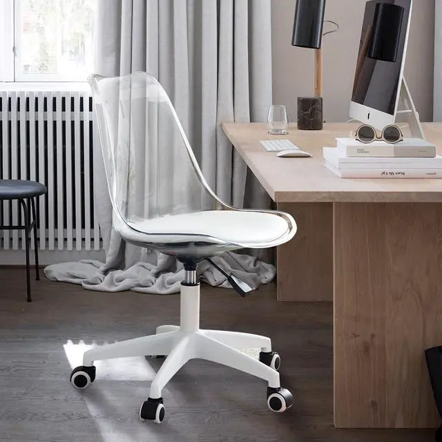 Alt view image 3 of 6 - Clear Desk Chair with Pu Leather Soft Cushion, Home Office Chair with Wheels, Height Adjustable Armless Rolling Swivel Plastic Chair for Bedroom, Makeup, Living Room