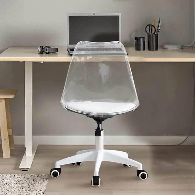 Alt view image 4 of 6 - Clear Desk Chair with Pu Leather Soft Cushion, Home Office Chair with Wheels, Height Adjustable Armless Rolling Swivel Plastic Chair for Bedroom, Makeup, Living Room