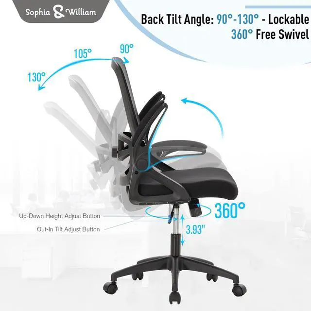 Alt view image 5 of 6 - Ergonomic Mesh Office Desk Chair High Back, 360° Swivel Rocking Executive Computer Chair with Flip-up Armrests, Height Adjustable Lumbar Support, Black, Load Capacity: 300 lbs