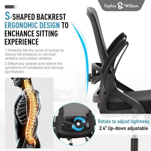 Alt view image 6 of 6 - Ergonomic Mesh Office Desk Chair High Back, 360° Swivel Rocking Executive Computer Chair with Flip-up Armrests, Height Adjustable Lumbar Support, Black, Load Capacity: 300 lbs