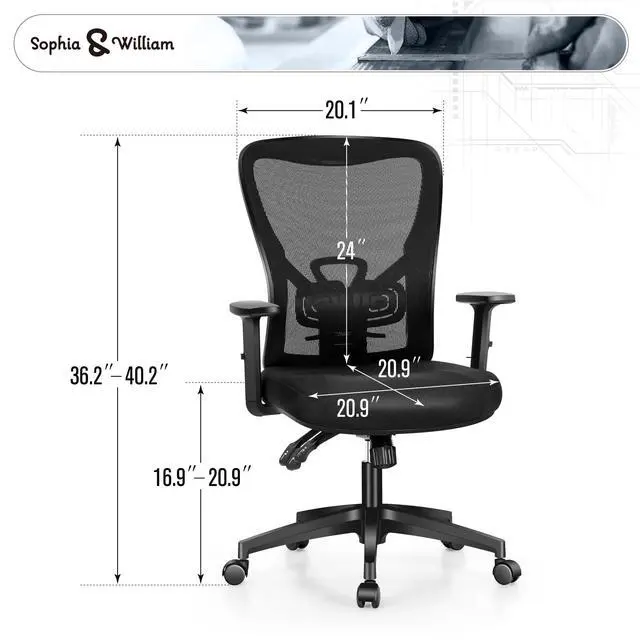 Alt view image 3 of 6 - Ergonomic Rocking Mesh Office Desk Chair High Back, Modern 360° Swivel Executive Computer Chair with Height Adjustable Armrests, Lumbar Support, Black
