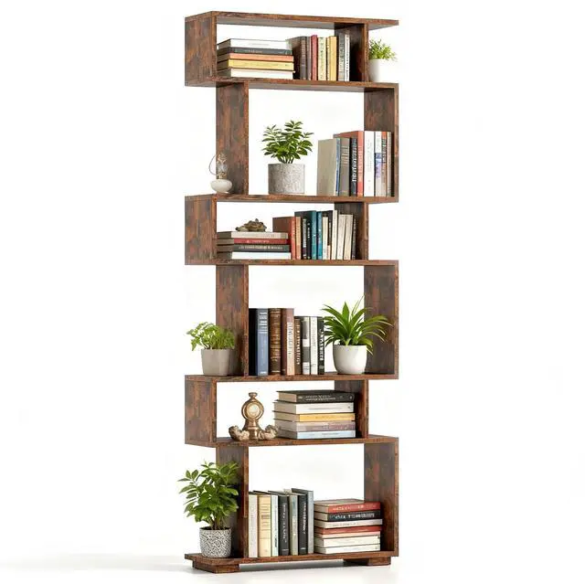 Main image of 6-Tier S Shaped Bookshelf, Geometric Bookcase with 2 Anti-Tipping Kits, Wooden Storage Shelving Unit, Freestanding Display Shelf for Living Room, Office, Bedroom Rustic Brown