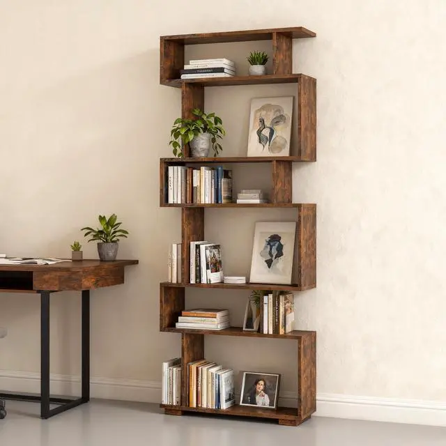 Alt view image 2 of 6 - 6-Tier S Shaped Bookshelf, Geometric Bookcase with 2 Anti-Tipping Kits, Wooden Storage Shelving Unit, Freestanding Display Shelf for Living Room, Office, Bedroom Rustic Brown