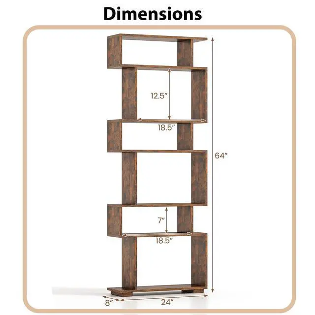 Alt view image 3 of 6 - 6-Tier S Shaped Bookshelf, Geometric Bookcase with 2 Anti-Tipping Kits, Wooden Storage Shelving Unit, Freestanding Display Shelf for Living Room, Office, Bedroom Rustic Brown