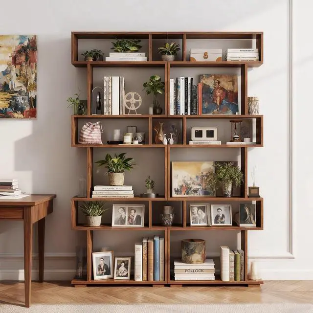 Alt view image 4 of 6 - 6-Tier S Shaped Bookshelf, Geometric Bookcase with 2 Anti-Tipping Kits, Wooden Storage Shelving Unit, Freestanding Display Shelf for Living Room, Office, Bedroom Rustic Brown