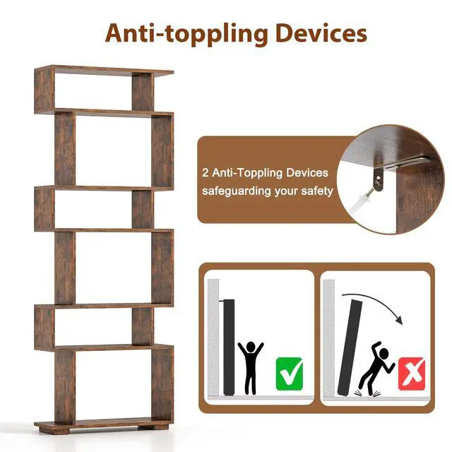 Alt view image 5 of 6 - 6-Tier S Shaped Bookshelf, Geometric Bookcase with 2 Anti-Tipping Kits, Wooden Storage Shelving Unit, Freestanding Display Shelf for Living Room, Office, Bedroom Rustic Brown