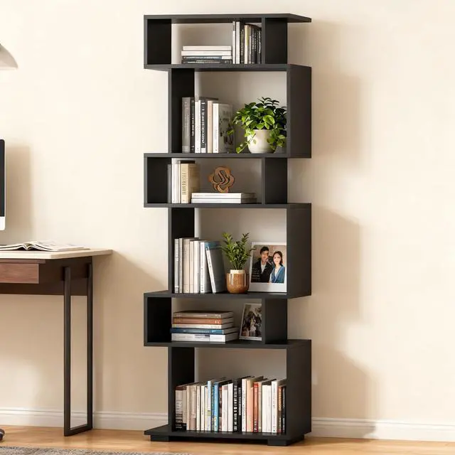Alt view image 2 of 6 - 6-Tier S Shaped Bookshelf, Geometric Bookcase with 2 Anti-Tipping Kits, Wooden Storage Shelving Unit, Freestanding Display Shelf for Living Room, Office, Bedroom Black