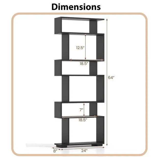Alt view image 3 of 6 - 6-Tier S Shaped Bookshelf, Geometric Bookcase with 2 Anti-Tipping Kits, Wooden Storage Shelving Unit, Freestanding Display Shelf for Living Room, Office, Bedroom Black
