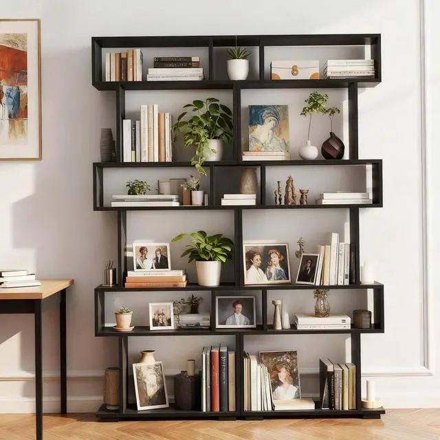 Alt view image 4 of 6 - 6-Tier S Shaped Bookshelf, Geometric Bookcase with 2 Anti-Tipping Kits, Wooden Storage Shelving Unit, Freestanding Display Shelf for Living Room, Office, Bedroom Black