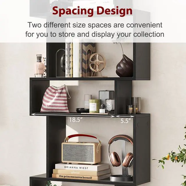 Alt view image 5 of 6 - 6-Tier S Shaped Bookshelf, Geometric Bookcase with 2 Anti-Tipping Kits, Wooden Storage Shelving Unit, Freestanding Display Shelf for Living Room, Office, Bedroom Black