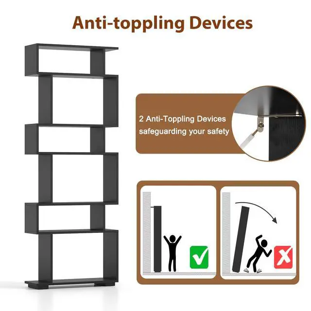 Alt view image 6 of 6 - 6-Tier S Shaped Bookshelf, Geometric Bookcase with 2 Anti-Tipping Kits, Wooden Storage Shelving Unit, Freestanding Display Shelf for Living Room, Office, Bedroom Black