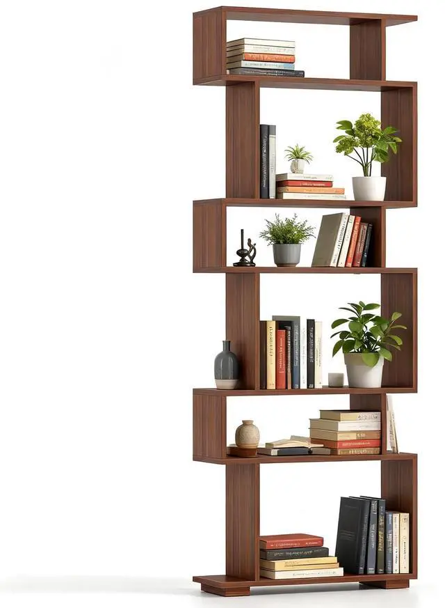 Main image of 6-Tier S Shaped Bookshelf, Geometric Bookcase with 2 Anti-Tipping Kits, Wooden Storage Shelving Unit, Freestanding Display Shelf for Living Room, Office, Bedroom Walnut