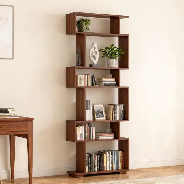 Alt view image 2 of 6 - 6-Tier S Shaped Bookshelf, Geometric Bookcase with 2 Anti-Tipping Kits, Wooden Storage Shelving Unit, Freestanding Display Shelf for Living Room, Office, Bedroom Walnut