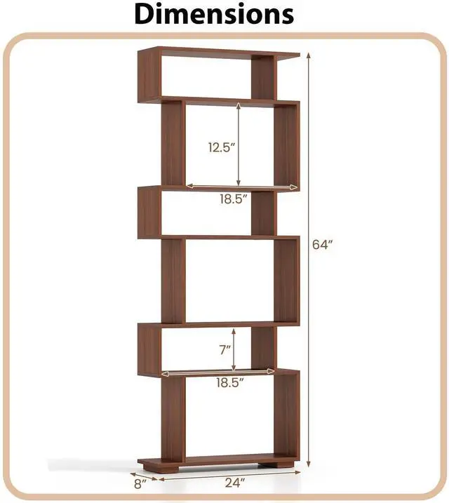 Alt view image 3 of 6 - 6-Tier S Shaped Bookshelf, Geometric Bookcase with 2 Anti-Tipping Kits, Wooden Storage Shelving Unit, Freestanding Display Shelf for Living Room, Office, Bedroom Walnut