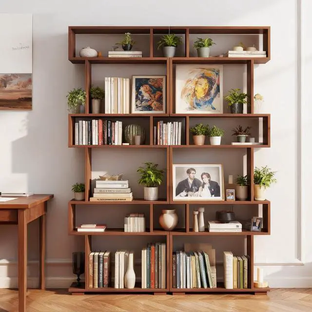 Alt view image 4 of 6 - 6-Tier S Shaped Bookshelf, Geometric Bookcase with 2 Anti-Tipping Kits, Wooden Storage Shelving Unit, Freestanding Display Shelf for Living Room, Office, Bedroom Walnut