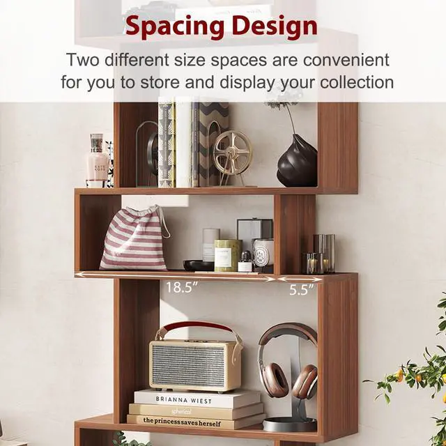 Alt view image 5 of 6 - 6-Tier S Shaped Bookshelf, Geometric Bookcase with 2 Anti-Tipping Kits, Wooden Storage Shelving Unit, Freestanding Display Shelf for Living Room, Office, Bedroom Walnut