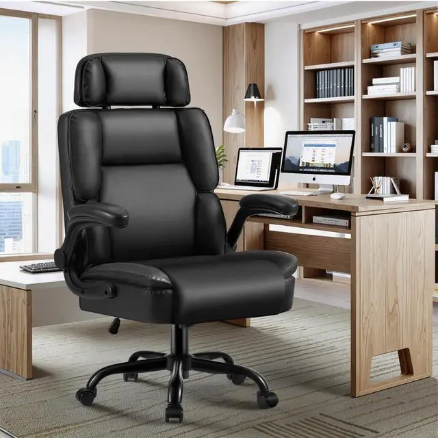 Alt view image 2 of 6 - Comfortable Office Chair,Executive Leather Computer Chair with Lumbar Support,Adjustable Height & Armrests,Black