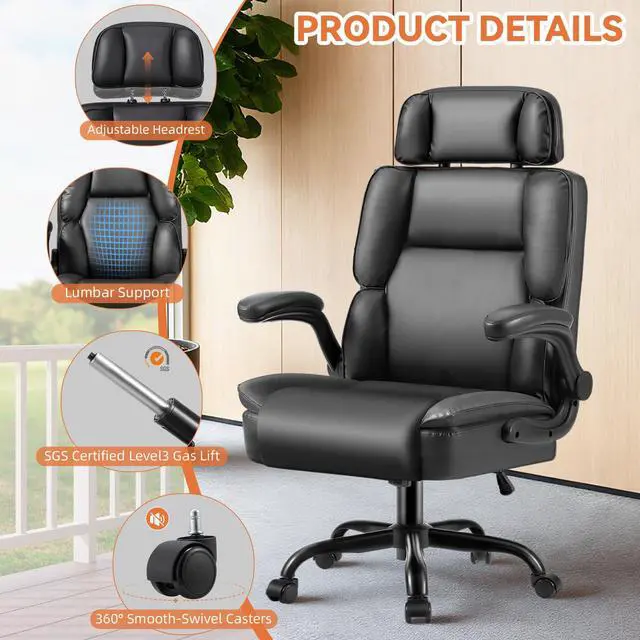 Alt view image 4 of 6 - Comfortable Office Chair,Executive Leather Computer Chair with Lumbar Support,Adjustable Height & Armrests,Black