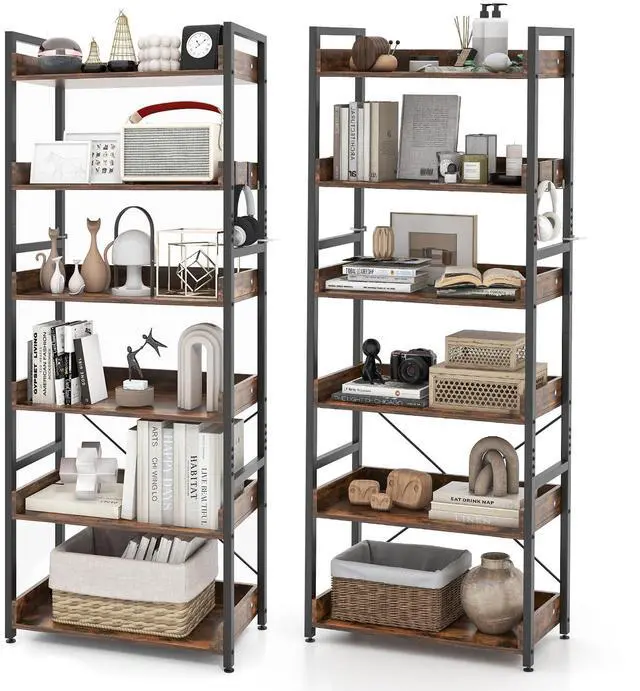 Main image of 6-Tier Bookshelf, 70 Tall Industrial Bookcase w/Open Shelves & 4 Hooks, Storage Rack w/Metal Frame, Vintage Standing Display Rack for Study Living Room Kitchen (2, Rustic Brown)
