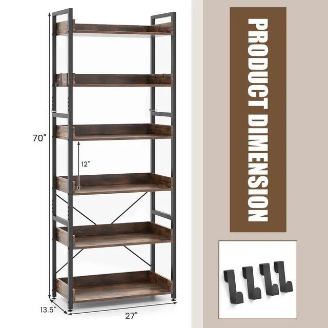 Alt view image 3 of 6 - 6-Tier Bookshelf, 70 Tall Industrial Bookcase w/Open Shelves & 4 Hooks, Storage Rack w/Metal Frame, Vintage Standing Display Rack for Study Living Room Kitchen (2, Rustic Brown)