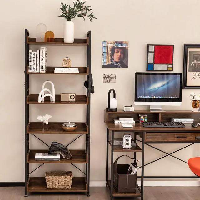 Alt view image 5 of 6 - 6-Tier Bookshelf, 70 Tall Industrial Bookcase w/Open Shelves & 4 Hooks, Storage Rack w/Metal Frame, Vintage Standing Display Rack for Study Living Room Kitchen (2, Rustic Brown)
