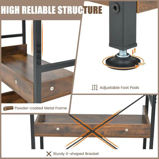 Alt view image 6 of 6 - 6-Tier Bookshelf, 70 Tall Industrial Bookcase w/Open Shelves & 4 Hooks, Storage Rack w/Metal Frame, Vintage Standing Display Rack for Study Living Room Kitchen (2, Rustic Brown)