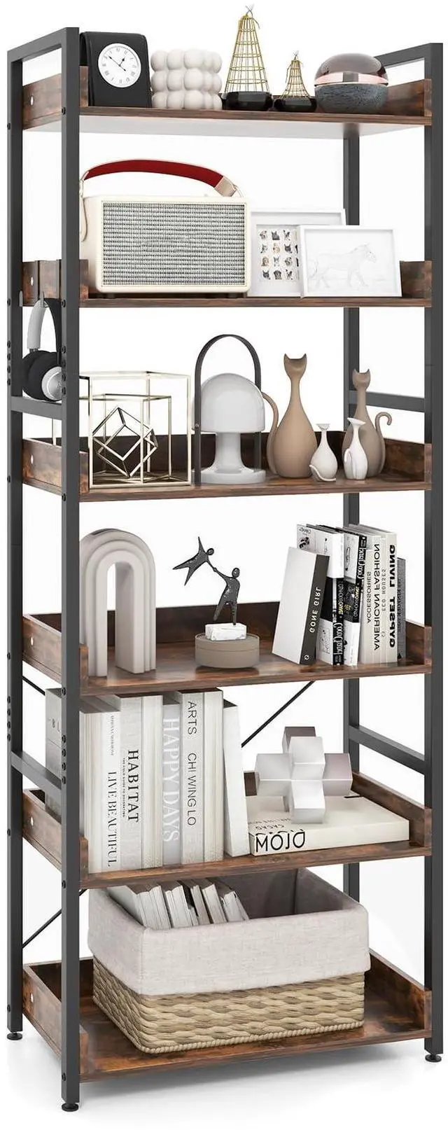 Main image of 6-Tier Bookshelf, 70 Tall Industrial Bookcase w/Open Shelves & 4 Hooks, Storage Rack w/Metal Frame, Vintage Standing Display Rack for Study Living Room Kitchen (1, Rustic Brown)