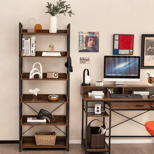 Alt view image 2 of 6 - 6-Tier Bookshelf, 70 Tall Industrial Bookcase w/Open Shelves & 4 Hooks, Storage Rack w/Metal Frame, Vintage Standing Display Rack for Study Living Room Kitchen (1, Rustic Brown)