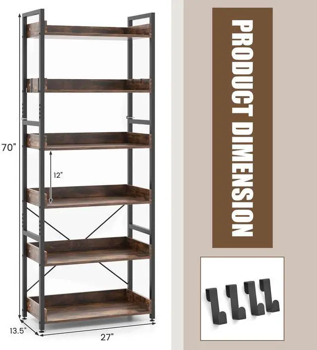 Alt view image 3 of 6 - 6-Tier Bookshelf, 70 Tall Industrial Bookcase w/Open Shelves & 4 Hooks, Storage Rack w/Metal Frame, Vintage Standing Display Rack for Study Living Room Kitchen (1, Rustic Brown)