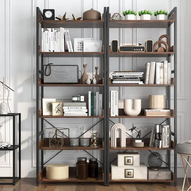 Alt view image 4 of 6 - 6-Tier Bookshelf, 70 Tall Industrial Bookcase w/Open Shelves & 4 Hooks, Storage Rack w/Metal Frame, Vintage Standing Display Rack for Study Living Room Kitchen (1, Rustic Brown)