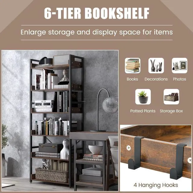 Alt view image 6 of 6 - 6-Tier Bookshelf, 70 Tall Industrial Bookcase w/Open Shelves & 4 Hooks, Storage Rack w/Metal Frame, Vintage Standing Display Rack for Study Living Room Kitchen (1, Rustic Brown)