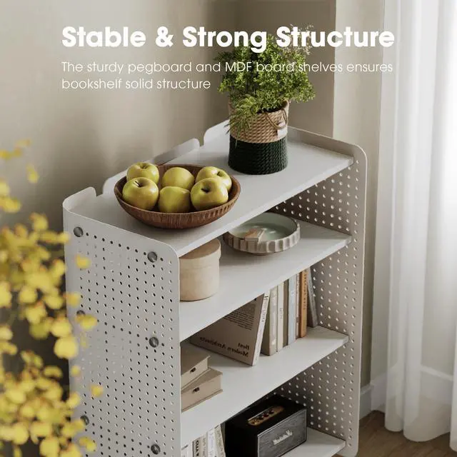 Alt view image 5 of 6 - 4 Tier Bookshelf, Modern Open Bookcase with Pegboard, 24.3 Inches Small Book Shelf Storage Organizer with Adjustable Shelves for Living Room, Bedroom, Home Office