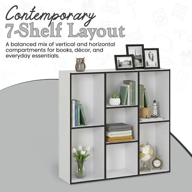 Alt view image 3 of 6 - Haven 7-Shelf Tall Bookshelf, Floor Standing Modern Bookcase Storage Organizer with Vertical Open Shelves for Home Office, Living Room & Bedroom Display, White