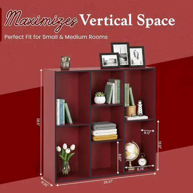 Alt view image 2 of 6 - Haven 7-Shelf Tall Bookshelf, Floor Standing Modern Bookcase Storage Organizer with Vertical Open Shelves for Home Office, Living Room & Bedroom Display, Red