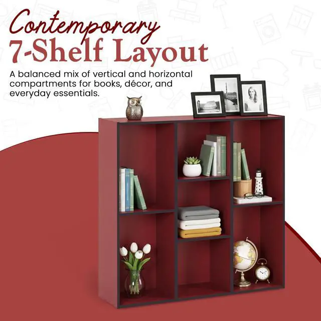 Alt view image 3 of 6 - Haven 7-Shelf Tall Bookshelf, Floor Standing Modern Bookcase Storage Organizer with Vertical Open Shelves for Home Office, Living Room & Bedroom Display, Red