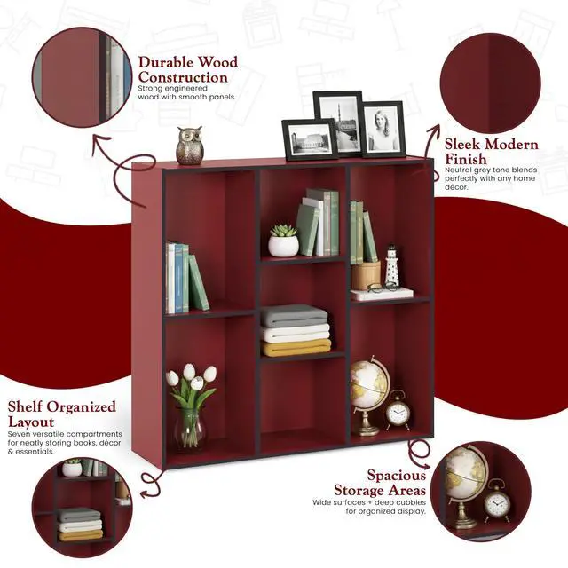 Alt view image 5 of 6 - Haven 7-Shelf Tall Bookshelf, Floor Standing Modern Bookcase Storage Organizer with Vertical Open Shelves for Home Office, Living Room & Bedroom Display, Red