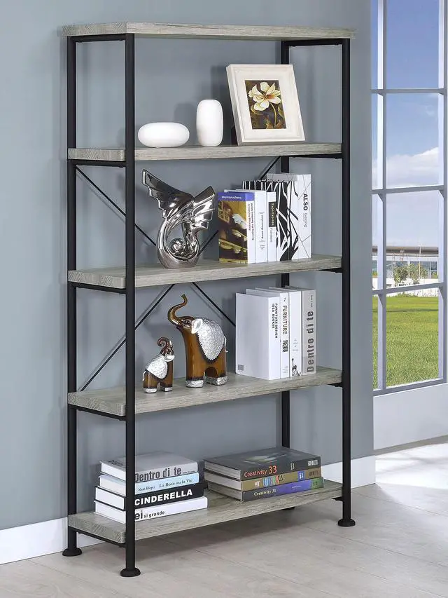 Alt view image 2 of 6 - Coaster Home Furnishings Analiese Rustic Industrial 4-Tier Bookcase Etagere Bookshelf Office Storage Book Shelf Engineered Eco-Friendly Wood Look Laminate Sturdy Black Steel Base Grey Driftwood 801546