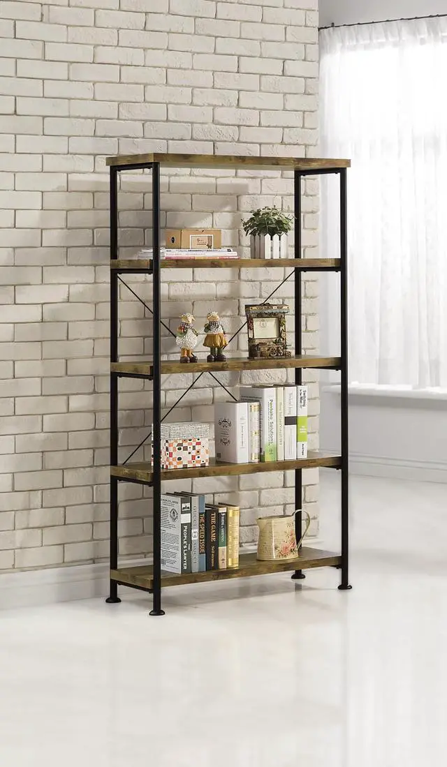 Alt view image 2 of 6 - Coaster Home Furnishings Analiese Rustic Industrial 4-Tier Bookcase Etagere Bookshelf Office Storage Book Shelf Engineered Eco-Friendly Wood Look Laminate Sturdy Black Steel Base Rustic Nutmeg 801542
