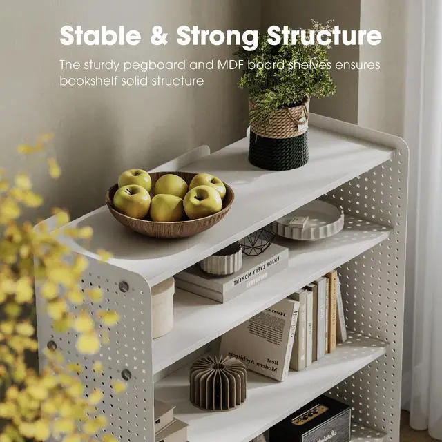 Alt view image 5 of 6 - 4 Tier Bookshelf, Modern Open Bookcase with Pegboard, 32.1 Inches Small Book Shelf Storage Organizer with Adjustable Shelves for Living Room, Bedroom, Home Office