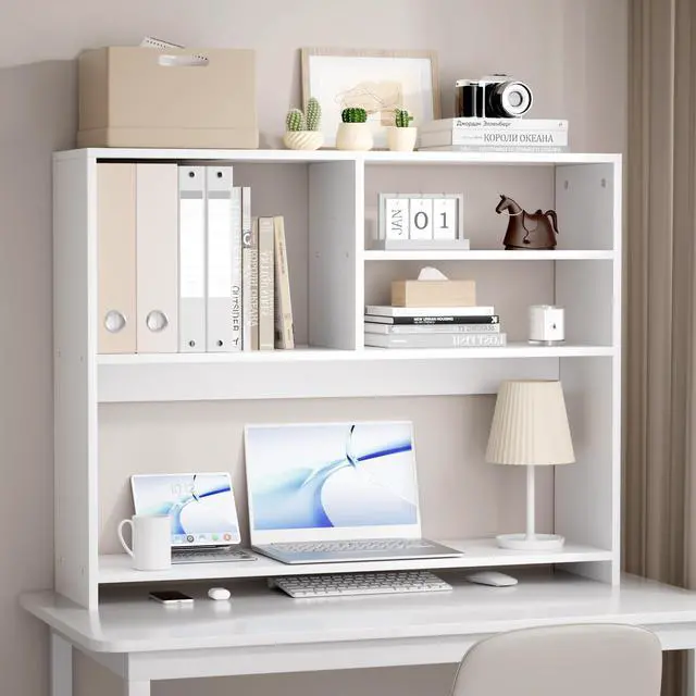 Main image of Desktop Bookshelf Organizer, 4-Tier Desk Shelf with Hutch for Computer Desk, Wall Shelf Organizer & Room Decor Aesthetic, Dorm & Office Storage for Books, Laptop (White/38 in)