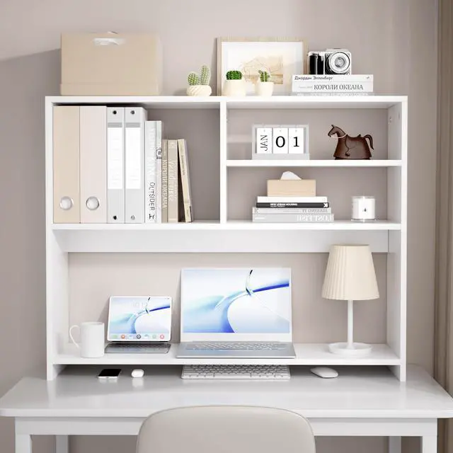 Alt view image 3 of 6 - Desktop Bookshelf Organizer, 4-Tier Desk Shelf with Hutch for Computer Desk, Wall Shelf Organizer & Room Decor Aesthetic, Dorm & Office Storage for Books, Laptop (White/38 in)