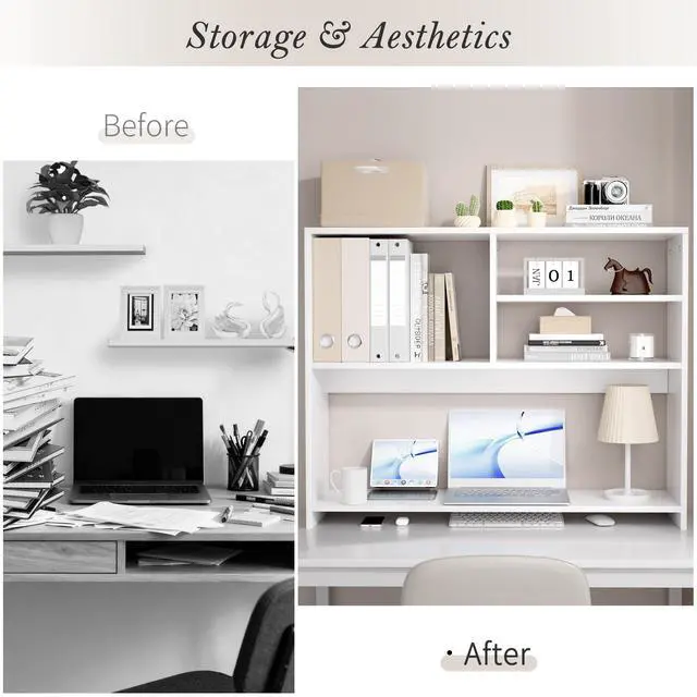 Alt view image 5 of 6 - Desktop Bookshelf Organizer, 4-Tier Desk Shelf with Hutch for Computer Desk, Wall Shelf Organizer & Room Decor Aesthetic, Dorm & Office Storage for Books, Laptop (White/38 in)