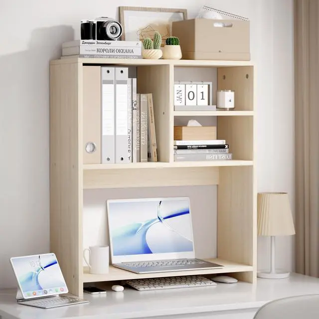 Main image of Desktop Bookshelf Organizer, 4-Tier Desk Shelf with Hutch for Computer Desk, Wall Shelf Organizer & Room Decor Aesthetic, Dorm & Office Storage for Books, Laptop (White Wood/26 in)